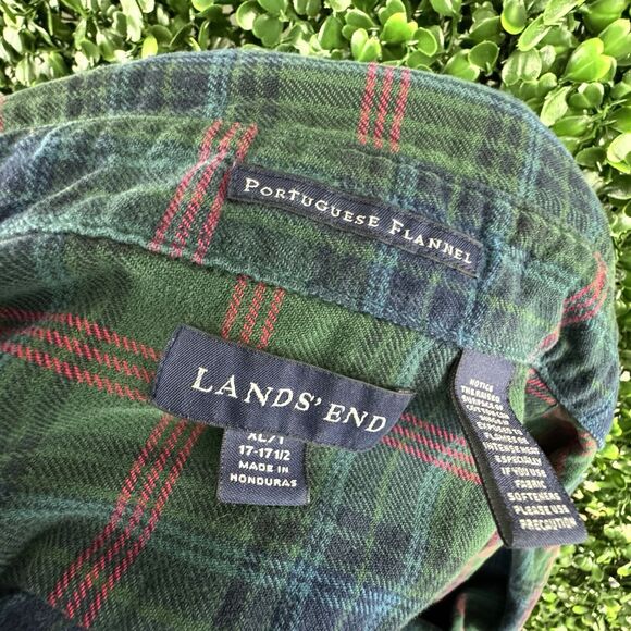 VTG Lands End XLT 17-17.5 Mens Button Shirt Green Portuguese Tartan Flannel RARE - Picture 5 of 8